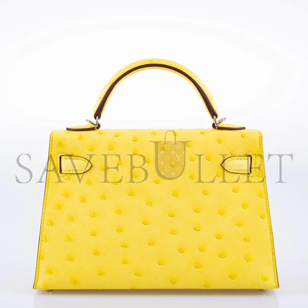 HERMÈS MASTER MINI KELLY II SELLIER JAUNE CITRON OSTRICH PALLADIUM HARDWARE (19*12*5.5cm)